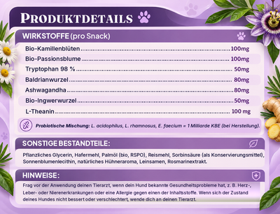 Produktinformationen und Inhaltsstoffe der Beruhigungs-Snacks