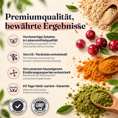 Hochwertige Inhaltsstoffe der PupLuma Harnwegs-Snacks, darunter Cranberry